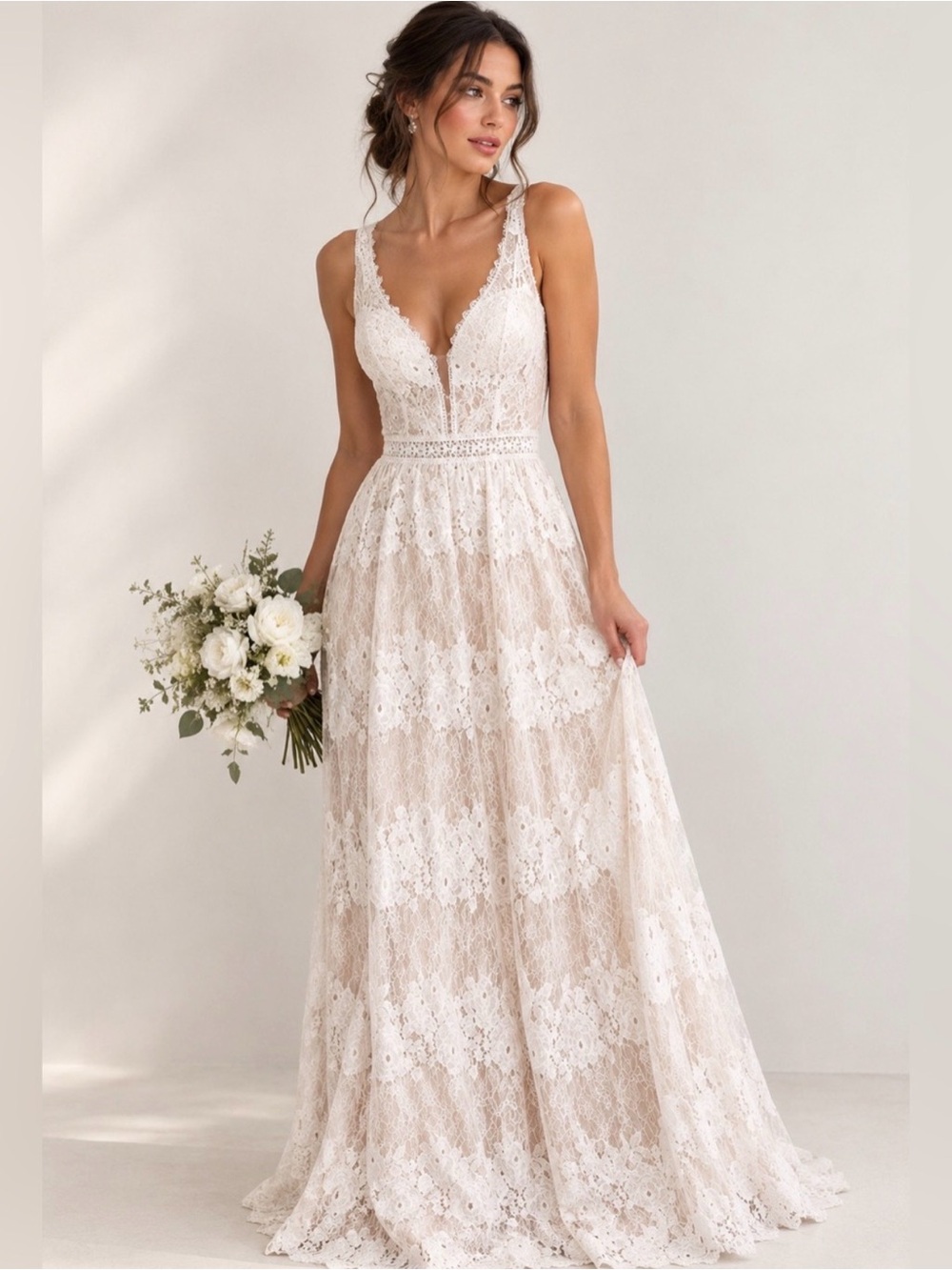 Val Stefani Lace Deep V Neck Rustic Boho Wedding Gown | Size 6